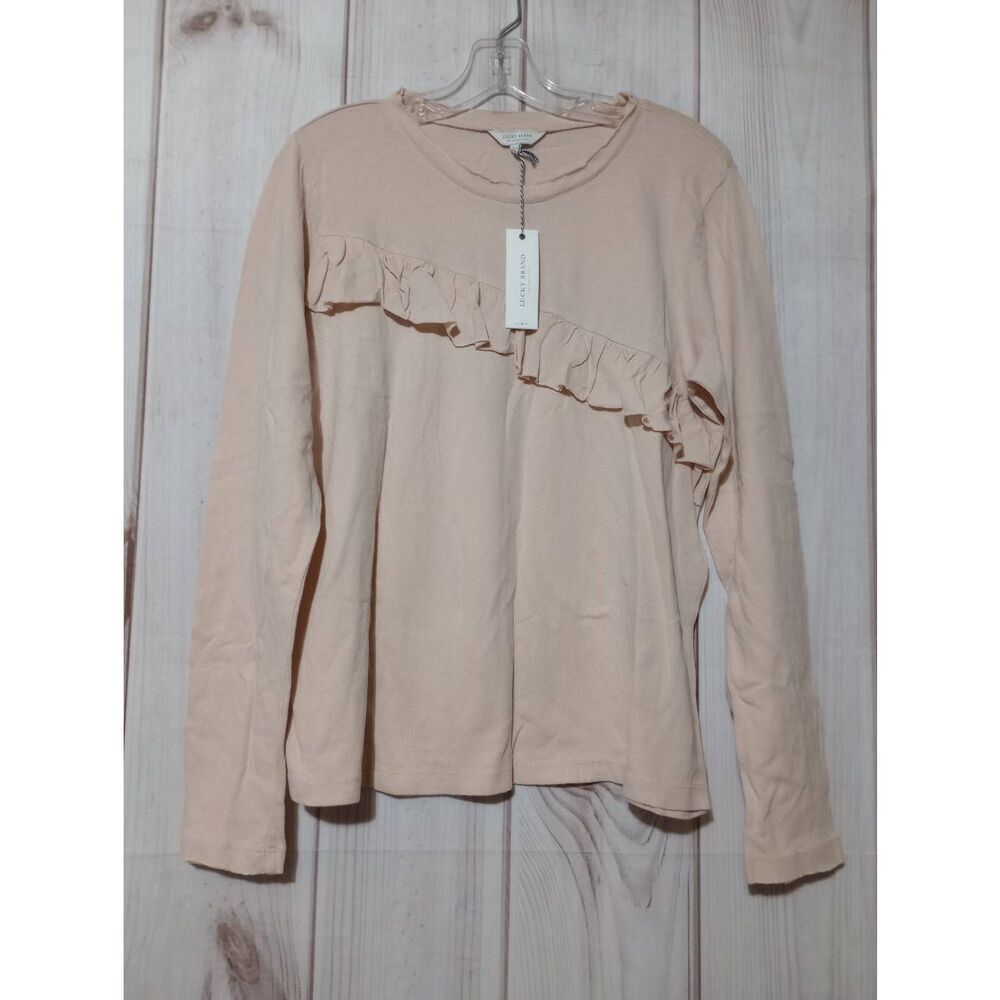 Lucky Brand Shirt Ladies Large Ivory Long Sleeve Light Weight Ruffle Raw Neck